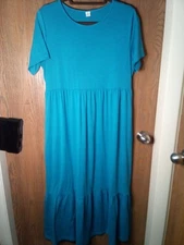 Anrabess Blue Short Sleeve Maxi T-Shirt Dress Size L Pockets Tiered Excellent