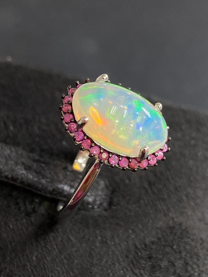 NATURAL FIRE OPAL 14X10 RUBY DIAMOND CUT STERLING SILVER 925 RING - image 4 of 4