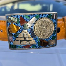 Vintage Sterling Silver 925 Belt Buckle Mexican Mosaic Inlay Aztec Pyramid Sz 40