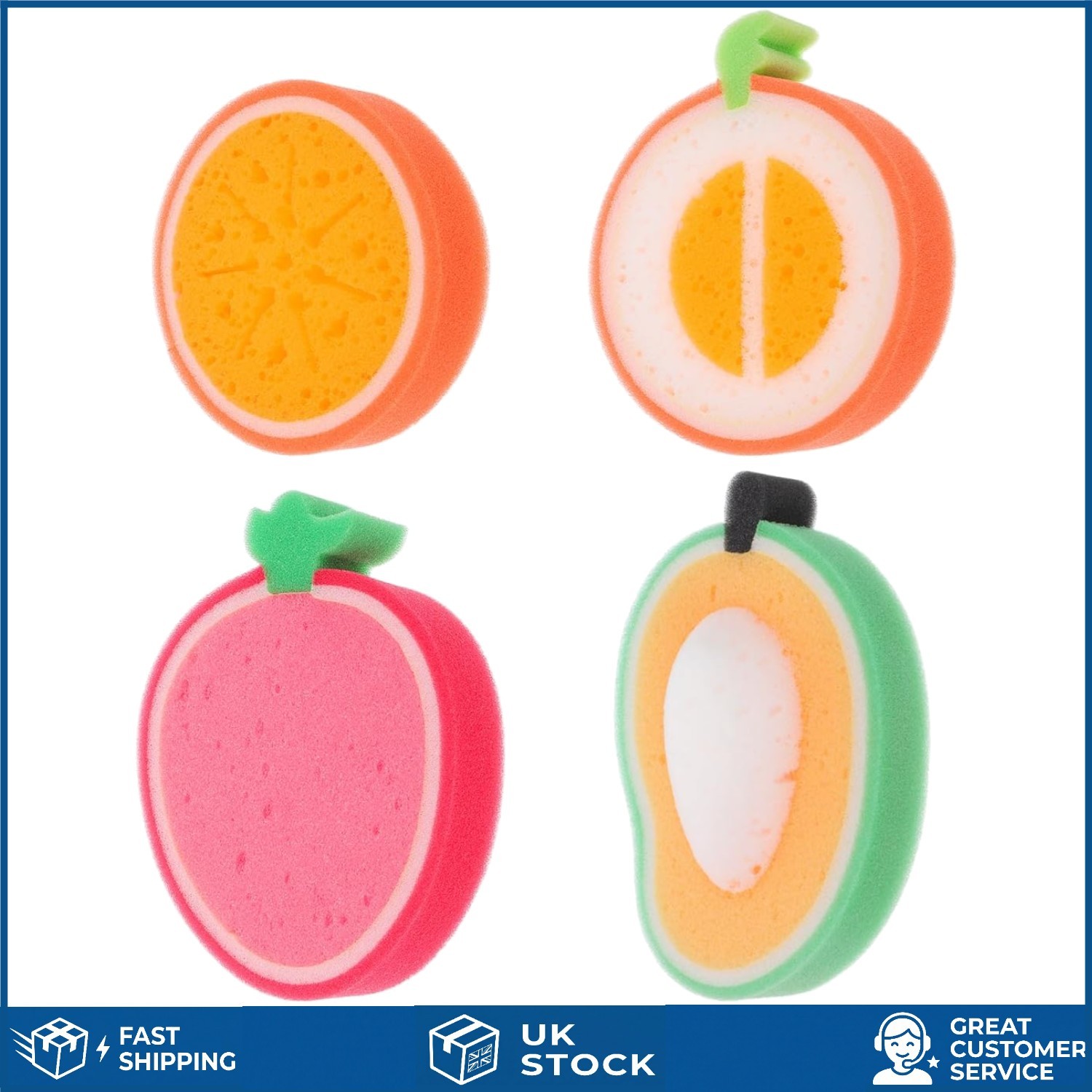 Vibrant Fruit Shaped Kids Bath Sponge Soft Gentle Body Scrubber 4 Pack