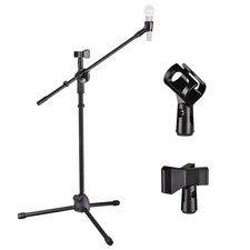 360  Rotating Microphone Stand Dual Mic Clip Boom Arm Foldable Tripod Holder