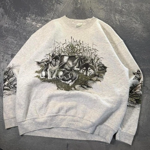 Men's Grey Sweatshirt Vintage 90s wolf sweater with sleeve hits Size XL - product listing photo