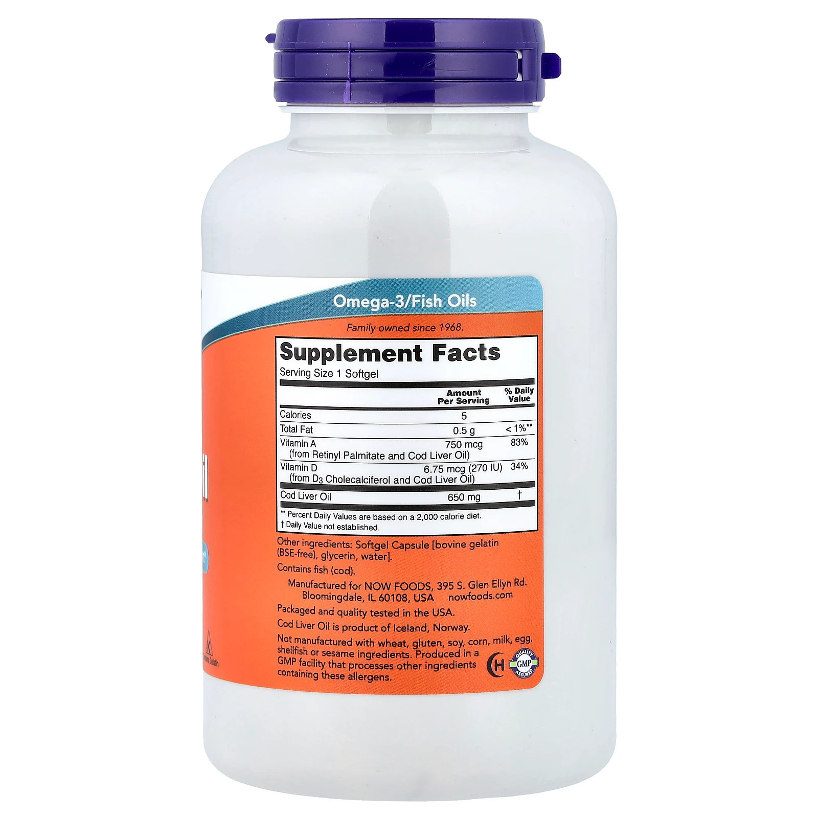 Now Foods Cod Liver Oil 650 mg 250 Softgels GMP Quality Assured