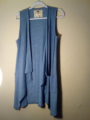Cupio Sleeveless Cardigan Women L Open Front Pockets Blue