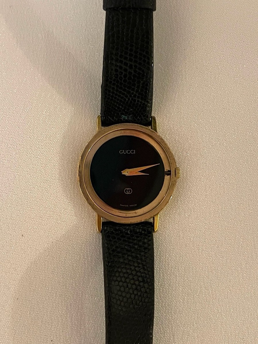 Vintage Gucci Gold-Tone Case with Black Dial and Black Leather Strap Watch Vintage Rare 1980s Gucci Gold & Black Leather Strap Watch | eBay main image 3