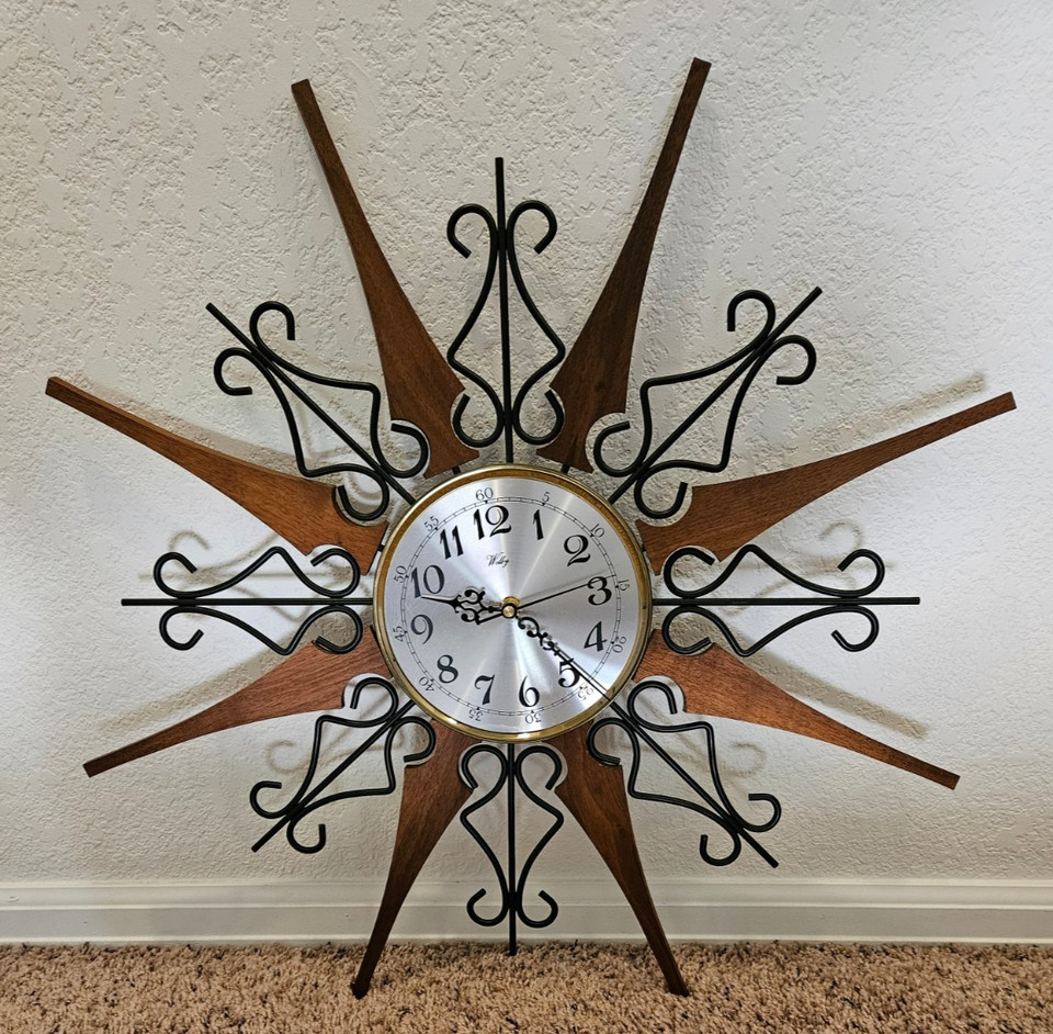 MCM Vtg WELBY 25" Starburst Sunburst Wall Clock Metal Wood TESTED / WORKS / NICE