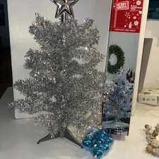 Merry Moments 2’ silver Tabletop Christmas Tree lights included but no attached