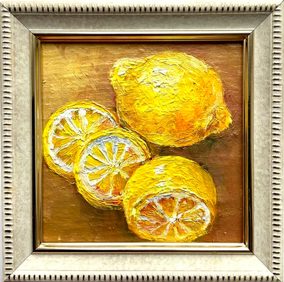 Yellow Lemons Original oil Painting Lemon Slices Kitchen Art Still Life 4x4in