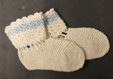 Pair of Vintage Handmade Knit Baby Socks Blue and White 3-6 Months