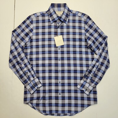 HAGEN CARMEL Men's Size Medium Navy Blue Gray Graph Check 100% COTTON Shirt NWT 