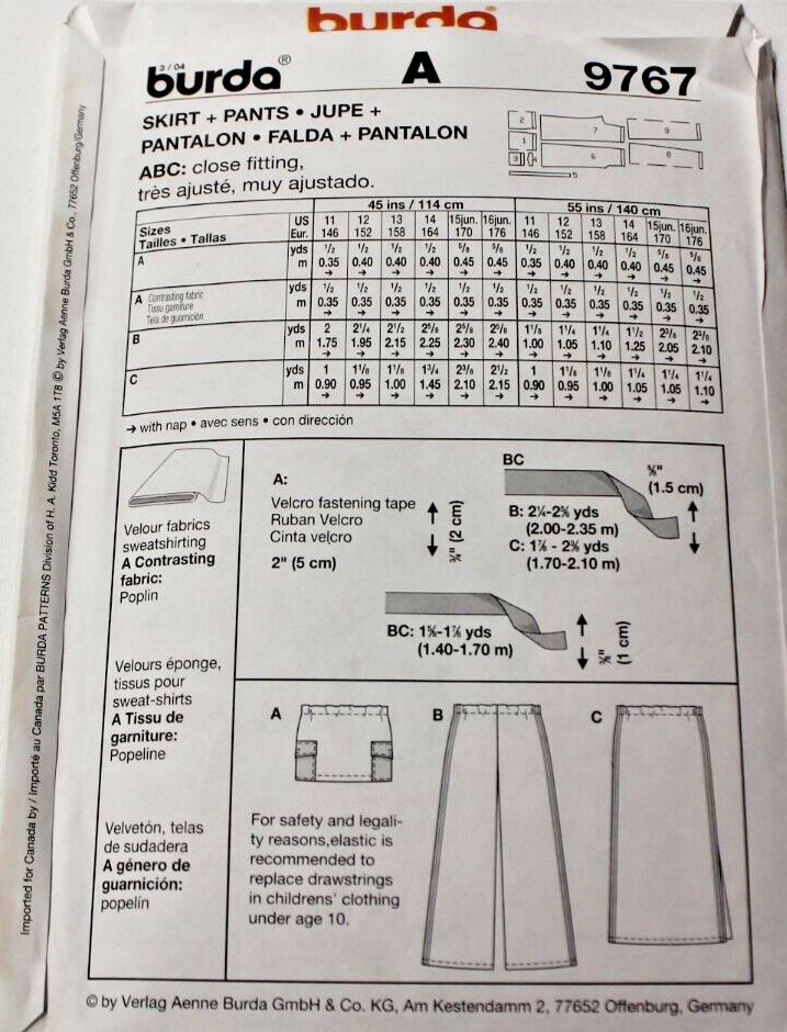 Burda 9767 Girls / Juniors Skirts & Pants 11-12-13-14 (15-16 Jr) Sewing ...