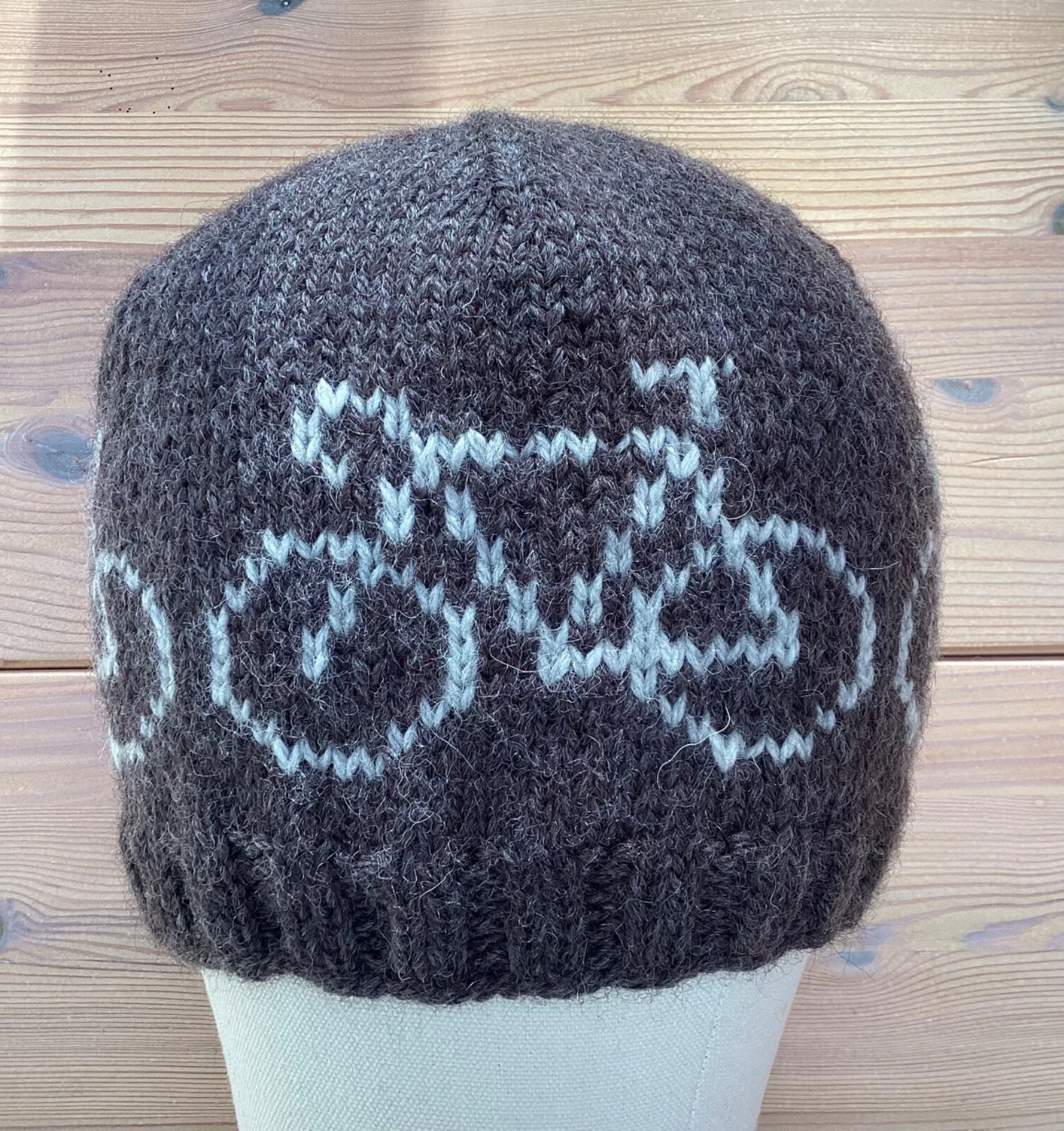 Bicycle design fitted beanie men , brown and grey, 100% wool medium
