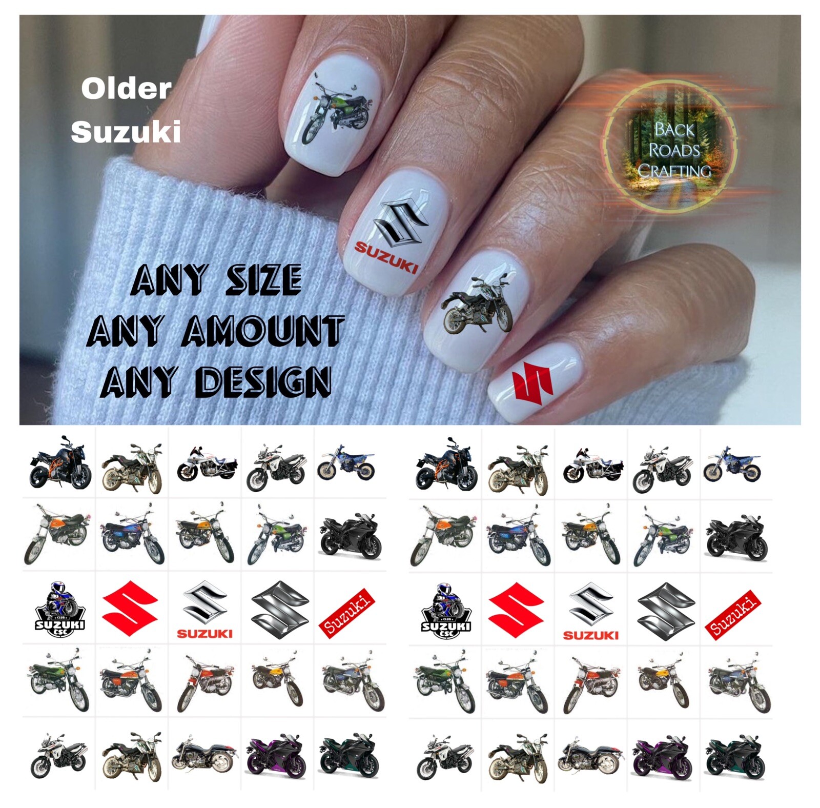 Older Suzuki Motorcycles Nail Art Decals Set Of 50 Instructions & Bonus