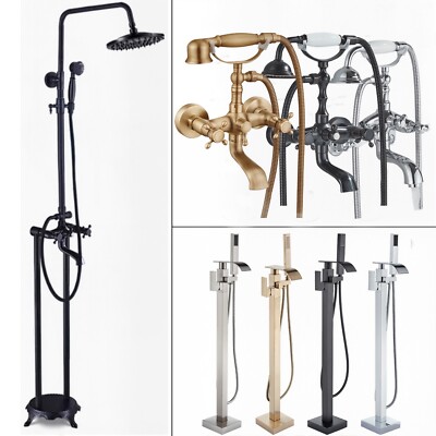 Freestanding Bathtub Faucet Floor Mounted Waterfall Tub Filler Set Solid Brass