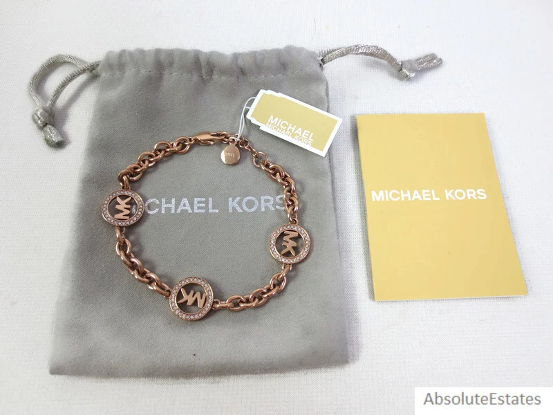 NEW $135 Michael Kors Rose Gold Crystal Fulton Chain Logo Bracelet  MKJ4731791