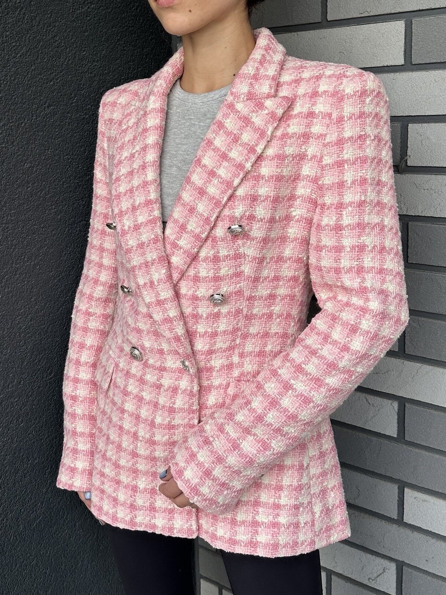 ジャケット・アウター TAN PINK CHECKED COAT ZARA Pink Tweed Blazer Jacket Size S | eBay