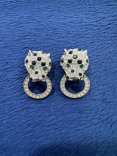 Vtg Kenneth Jay Lane Panther Tiger Head Crystal Hoop Earrings, 1.25”