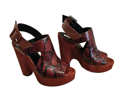 ROBERTO CAVALLI Burgundy Python Print Leather & Suede Platform Shoes 37.5