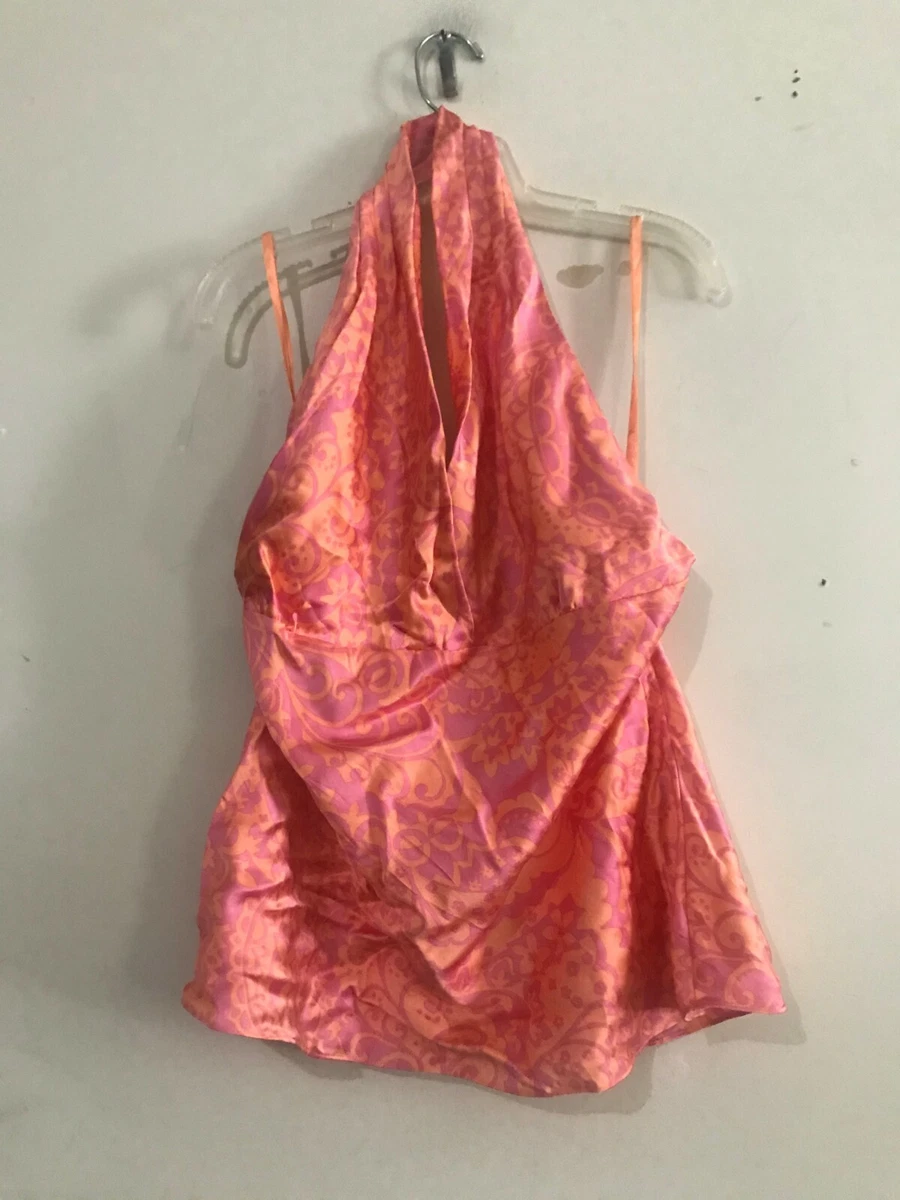 Express Silk Size L Floral Coral Pink Top Blouse Women Halter Neck 