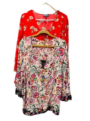 Democracy L Tunic Blouse Floral Ruffle Fairy Boho Festival Artsy Resort Lot 2