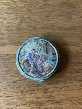 vintage gold tone tapestry style compact with mirror and puff