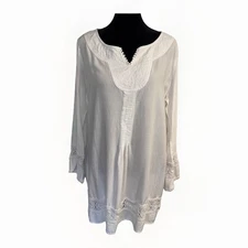 World Market Womens White Long Sleeves Tunic Blouse Lace Trim Size L/XL Boho