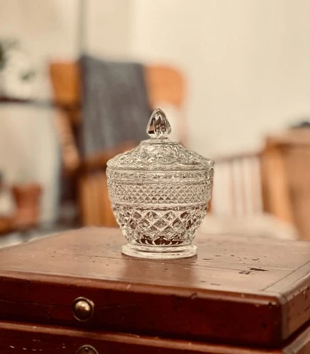 Vintage Anchor Hocking Wexford Footed Sugar Bowl, Candy Dish with Lid, 5" tall