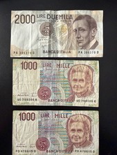 3 Italy Italian Lire 1990 Banknotes Paper Money, 1x2000 & 2x1000 Cir.
