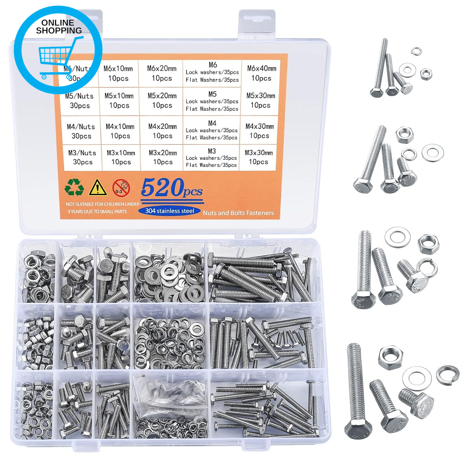 520 Pcs Hex Bolts, Nuts, and Washers Set, M3/M4/M5/M6 Stainless Steel Hexagonal