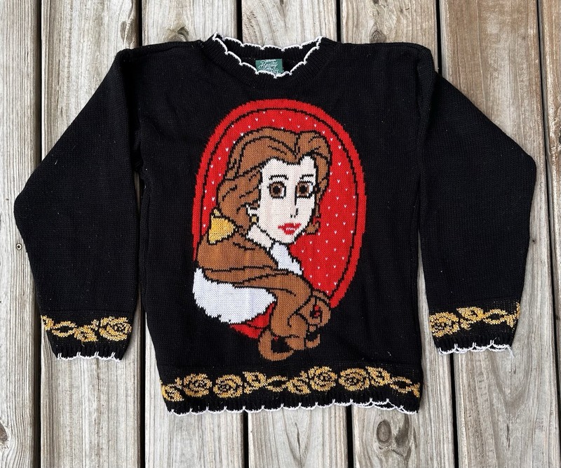 Vintage Disney Beauty and the Beast Girls Pullover Sweater L 10/12 Black Acrylic