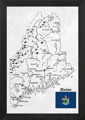 Hand Drawn Map of Maine Framed Wall Art Poster Canvas Print Picture