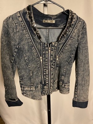 We Me Womens Acid Wash Denim Jacket Embellished Zip Small S