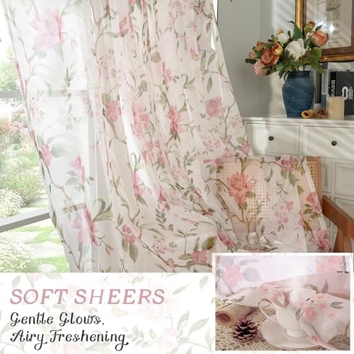 Floral Sheer Curtains for Girls Bedroom, Vintage 52"W x 63"L (Pack of 2) Pink - Picture 7 of 7