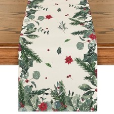 Green Leaves Poinsettia Holly Christmas 13" x 72", Table Runner Beige/Green