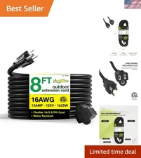 Go Green Power Inc. GG-13708BK 16/3 SJTW Outdoor Extension Cord, Black, 8 ft