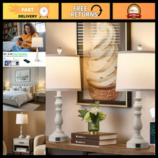 Set of 2 Beige 23'' Table Lamps with USB C A Ports for Bedroom Lighting