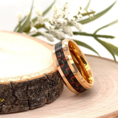 8mm Gold Tungsten Unisex Promise Ring Red Carbon Fiber Inlay Polished Edges Band