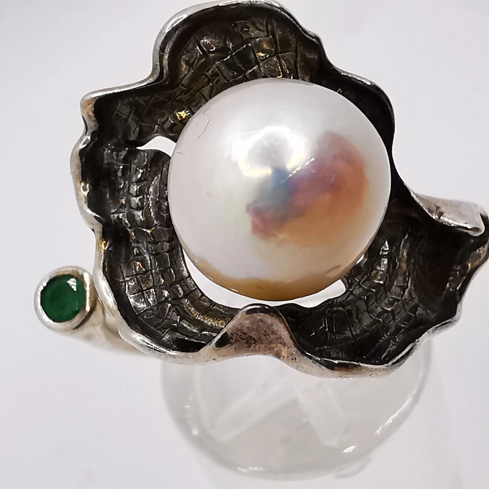 Art Deco Damenring Silber 925 Perle und smaragde Edelstein - Bild 3 von 4