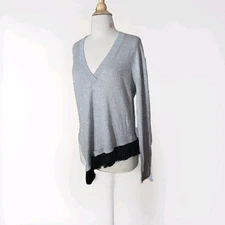 $425 ~ Derek Lam 10 Crosby Women’s Silk Cashmere Fringe V-Neck Sweater Gray M/L