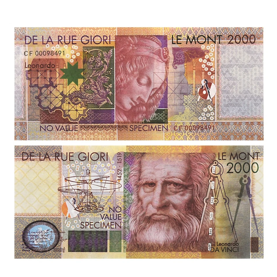 Billetes De La Rue Giori Leonardo Da Vinci Mont hoja de 10 especímenes coleccionista Foto 2 de 4