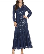 R&M Richards Vestido Azul Marino Lentejuelas Manga Larga Vestido Crepúsculo Noche Boda ¡NUEVO CON ETIQUETAS! 8P