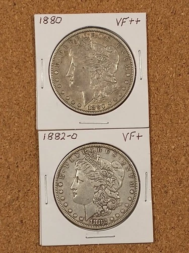 1880 & 1882-O Morgan Silver Dollars, Natural, Undamaged VF+ Condition