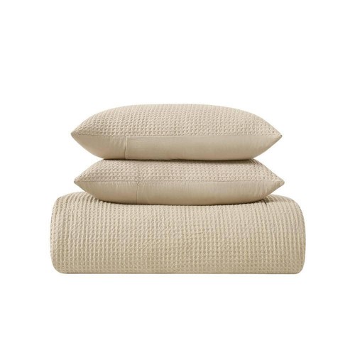 Truly Soft Microfiber Comforter Set Full Queen Textured Waffle 3-Piece Beige - Picture 2 of 6