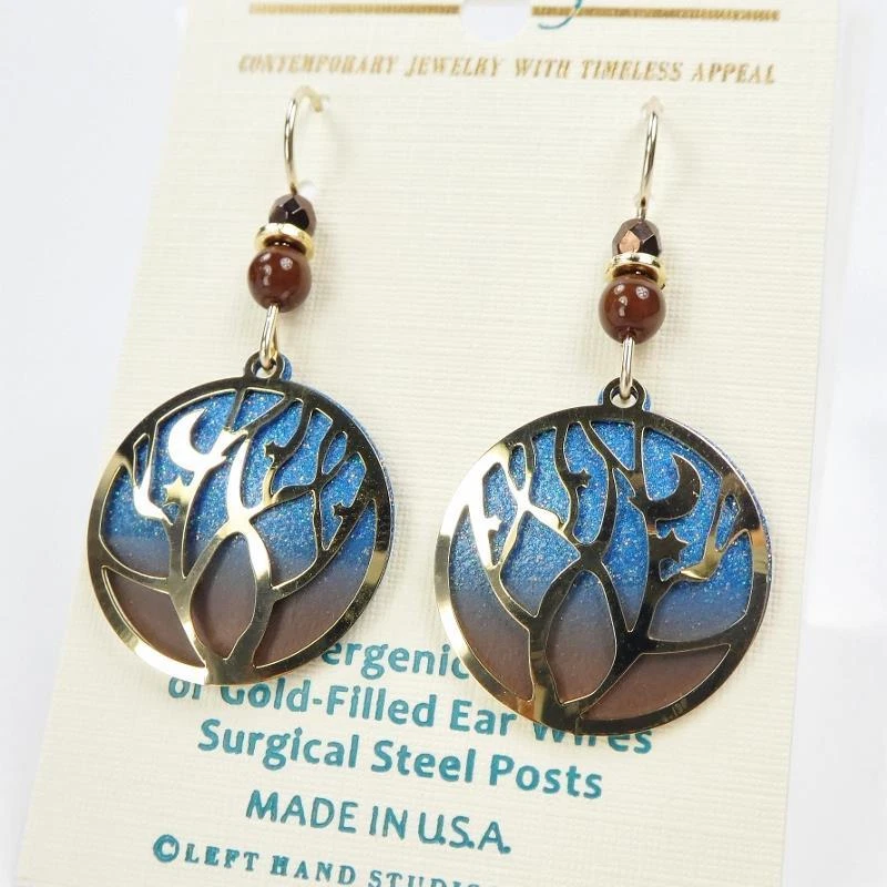 Brincos Adajio 14K GF gancho folheado a ouro brilhante árvore sobre disco azul céu noturno - Imagem 2 de 4