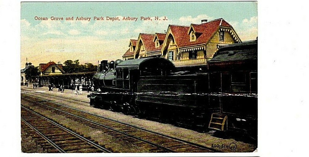 1919 Postcard. Ocean Grove & Asbury Park Depot, Asbury Park, NJ. Train
