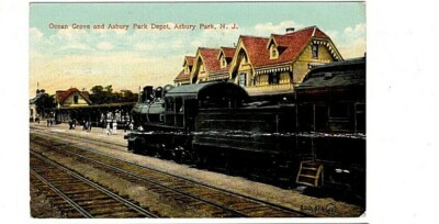 1919 Postcard. Ocean Grove & Asbury Park Depot, Asbury Park, NJ. Train coming in