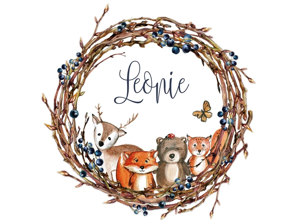 Wandtattoo Kinderzimmer mit Name, Waldtiere Wandbild personalisiert Wanddeko