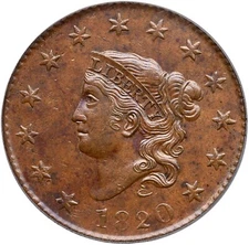 1820 N-11b R-2 PCGS AU 58 Matron or Coronet Head Large Cent Coin 1c