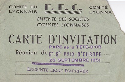 INVITATION CARD / F.F.C / GRAND PRIX D'EUROPE PARC DE LA TETE D'OR / 1951
