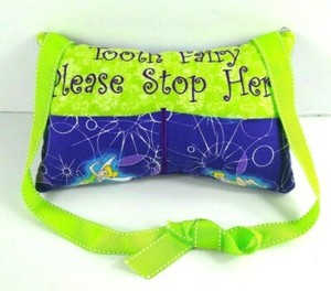 Disney Tinkerbell Tooth Fairy Pillow Green Purple W Strap Small 9 x 5.5" Girl